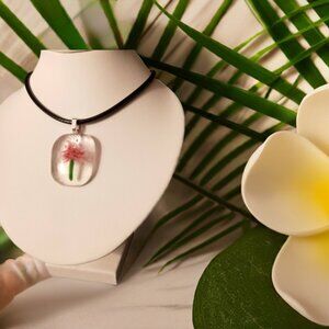 Unique fun pink & clear abstract dandelion flower fused glass pendant necklace